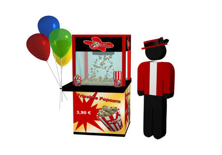 Popcorn machine with german text "fresh popcorn", balloons and a seller isolated on white. 3d renderingの写真素材