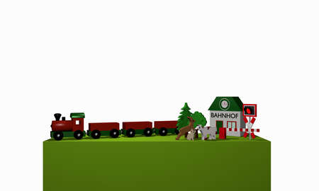 Wooden toys for a railway with text station in German on a green pedestal. 3d renderingの写真素材