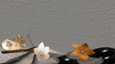 Stones with flowers and incense sticks. の写真素材