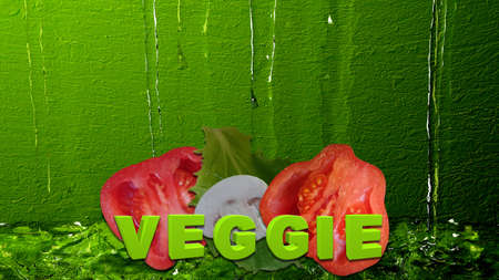 Vegetables with the text Veggie in front of water. 3d illustrationの写真素材