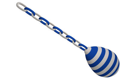 white-blue striped decorative egg hanging from a chain. 3d rendering isolated on whiteの写真素材