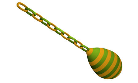 green-yellow striped decorative egg that hangs on a chain. 3d rendering isolated on whiteの写真素材