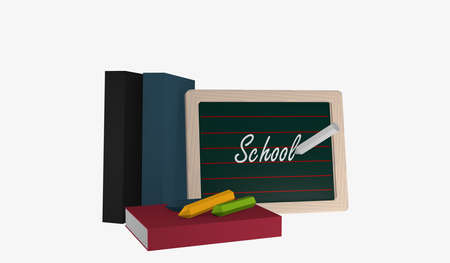 Slate with the text School, books and colorful chalk. 3d renderingの写真素材