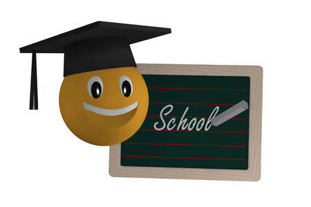 Slate with the text School in German and an Emoticon with Highshool-Hat. 3d renderingの写真素材