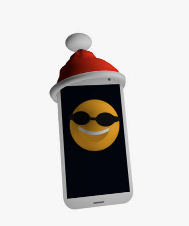 Mobile phone with Santa hat and an emoticon with sunglasses on the phone. 3d renderingの写真素材