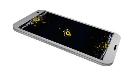 Mobile phone on whose display is a picture with a sea of sunflowers. 3d renderingの写真素材