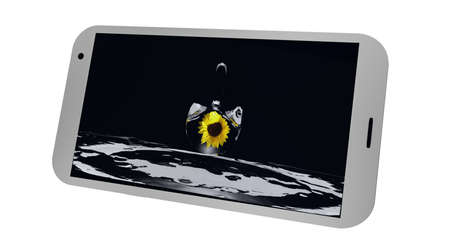 Mobile phone on the display of which is a picture with a drop of water and a sunflower. 3d Renderingの写真素材