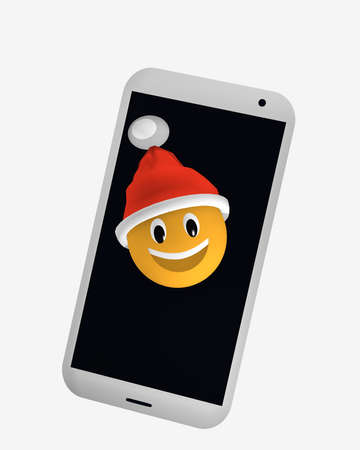 Emoticon with Santa hat looks from the screen of a cellphone 3d renderingの写真素材