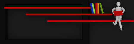 Website header / banner in black and red, with bars on which books stand and a puppet figure sits and reads. 3d renderingの写真素材