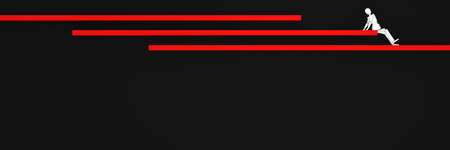 Website header / banner in black and red, with bars on which a puppet figure sits. 3d renderingの写真素材