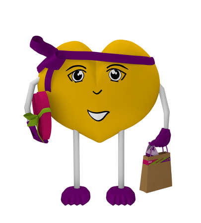cute valentine heart with face and bow wears a tote bag and Valentine's gift. 3d renderingの写真素材