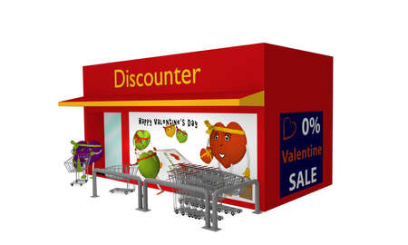 Discount store with Valentine's hearts going shopping. Side view isolated on white. 3d renderingの写真素材
