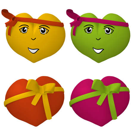 Collection of 3d hearts. 2 with a cute face. 3d renderingの写真素材
