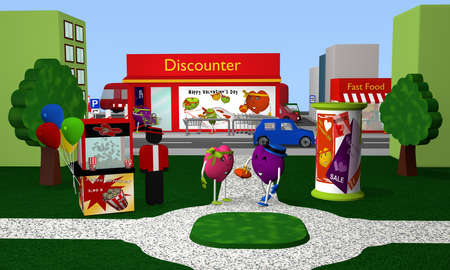 Valentin's city park with popcorn machine, Valentine's hearts, advertising column, houses and a discounter in the background. 3d renderingの写真素材