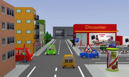 City view with right before left intersection, four colorful cars and discounter with parking. 3d renderingの写真素材