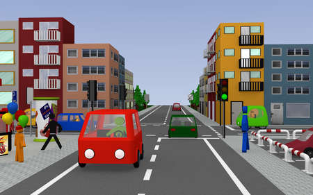 Cityscape with intersection, shops, cars, houses and pedestrians. 3d renderingの写真素材