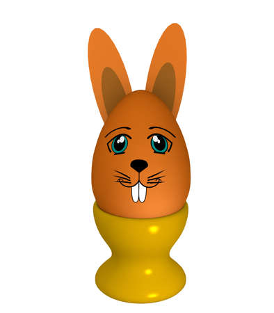 orange easter egg with rabbit's face and bunny ears in eggcup. 3d renderingの写真素材