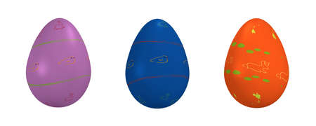Easter eggs with pattern in purple, blue and orange isolated on white. 3d renderingの写真素材