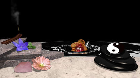 various flowers, incense sticks, pumice stone cairn, yin and yang symbol, rose quartz and an orchid sinking in the water against a black background. 3d renderingの写真素材