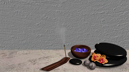 An incense stick, a bowl of flowers, a pumice stone cairn, Chinese Qi gong balls and orchid flowers against a gray background. 3d renderの写真素材