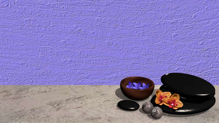 Bowl of flowers, a pumice stone cairn, Chinese Qigong balls and orchid flowers on purple background. 3d renderingの写真素材