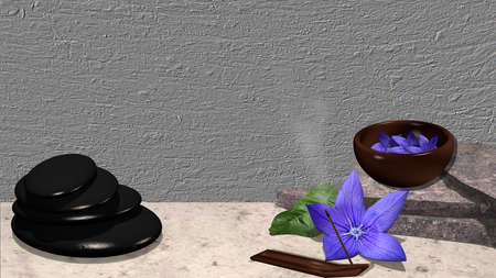 Quarrystones, purple flower with orange leaf, bowl of flowers, an incense stick and a pumice block of pumice stone with a gray background. 3d renderingの写真素材
