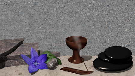 Quarrystones, purple flower with orange leaf, incense sticks, Chinese Qi Gong balls, a chalice and a pumice block of pumice stone. 3d renderingの写真素材