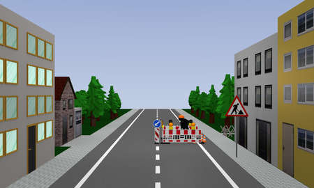 Road with construction site, construction site sign and houses. 3d renderingの写真素材