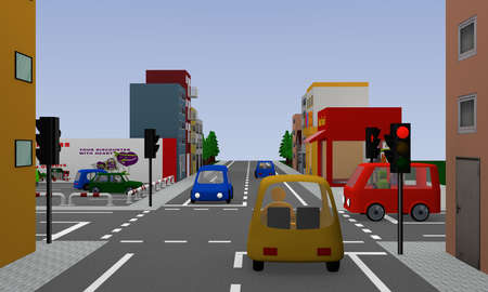 Crossroads with red glowing traffic lights, colorful cars and houses. 3d renderingの写真素材