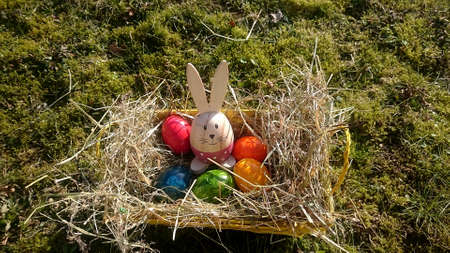 Easter basket with colored eggs and decorative bunnies on a meadow overgrown with mossの写真素材