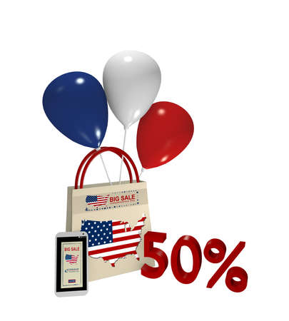 Shopping bag with balloons and mobile phone with Sale advertising for Independence Day and the text 50%, 3d renderingの写真素材