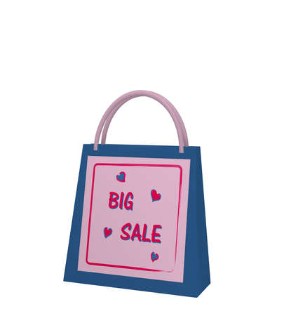 blue shopping bag with purple sale label isolated on white. 3d renderingの写真素材