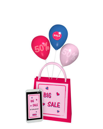 pink shopping bag with balloons and a mobile phone with sale 50% advertising. 3d renderingの写真素材