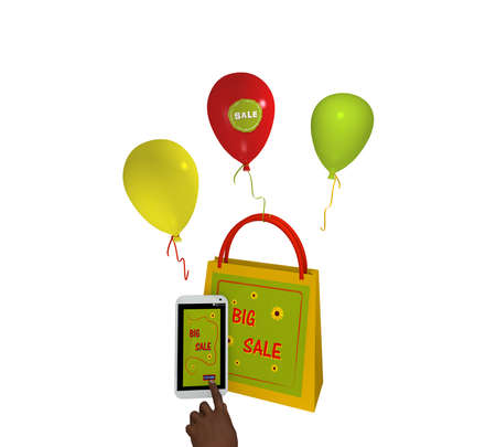 summery shopping bag with balloons, a mobile phone with big sale advertising and a finger pushing a button. 3d renderingの写真素材