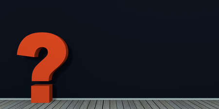 red question mark on black wall on wooden floor. 3d rendering