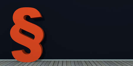 red paragraph sign on dark wall on wooden floor. 3d renderingの写真素材