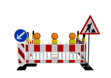 Construction site barrier with construction site sign and warning lights. 3d renderingの写真素材