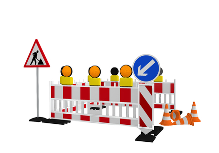 Construction site barrier with construction site signpost, direction sign and traffic cone. 3d renderingの写真素材
