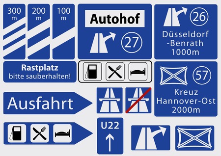 German Freeway signs, collection, vector graphics eps10
Text in German: resting place, please keep rest area clean, exit, Cross Hannover Eastのイラスト素材