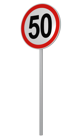 German traffic sign: speed limit 50 km / h, isolated on white, 3d renderingの写真素材