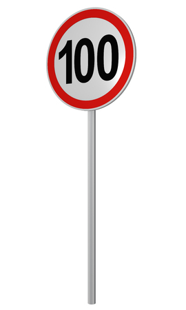 German traffic sign: speed limit 100 km / h, isolated on white, 3d renderingの写真素材