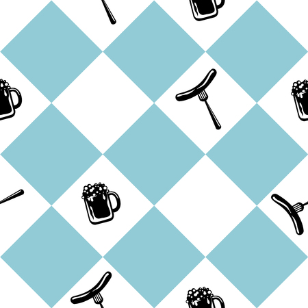 Seamless pattern for Oktoberfest in blue white checkered with beer glass and bratwurst. vector file eps 10のイラスト素材