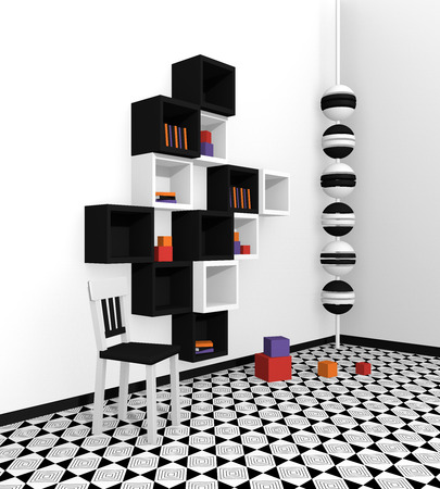 Modern living: shelf made of cubes in black and white on abstract patterned floor.Side view, 3d renderingの写真素材