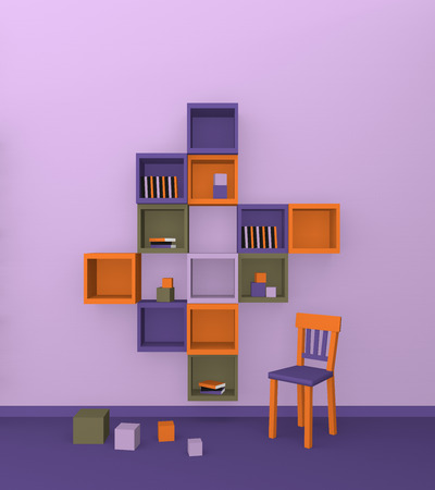 Modern living: shelf of cubes in trendy colors from front view. 3d renderingの写真素材