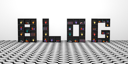 Abstract banner with shelves of cubes that write the word blog. with colorful lightbulbs, books and decoration. 3d renderの写真素材