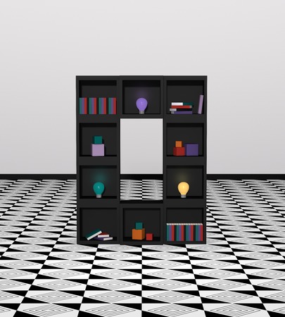 Living idea: Shelf made of cubes in letter O. with colorful light bulbs, books and decoration. 3d renderの写真素材