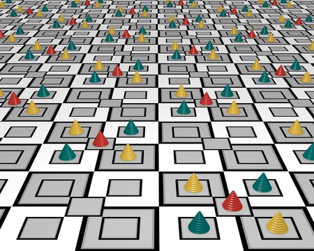 Abstract background with colorful cones on black and white patterned ground with squares. 3d renderの写真素材