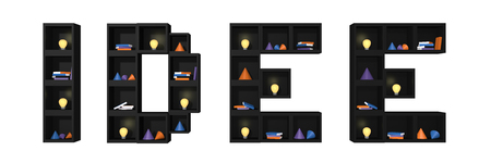 Shelf from dice as a word idea. Isolated with colorful bulbs, books and decoration isolated on white. 3d renderの写真素材