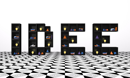 Shelf from dice as a word idea. with colorful lightbulbs, books and decoration. 3d renderの写真素材