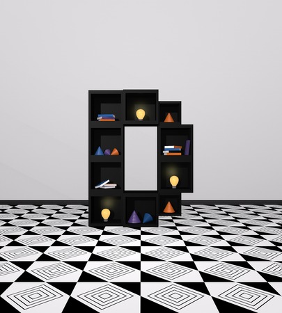 Living idea: shelf of cubes as letter D. with colorful light bulbs, books and decoration. 3d renderの写真素材